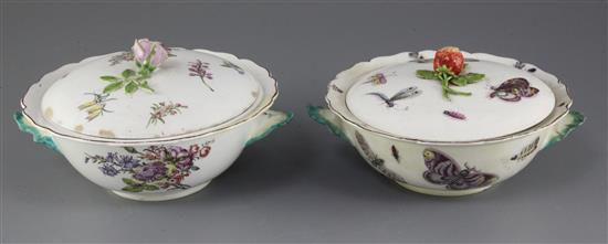 Two Chelsea ecuelles and covers, c.1755, diam. 17cm and 17.5cm, restorations and damage